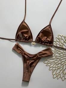 Swim Bonvoyette-D 兩件式春夏度假套裝，亮片紋理面料上衣，純色金色太陽飾品下裝，掛脖三角比基尼上衣與比基尼褲，性感女款泳裝套裝 - 彩色 - 查看 3