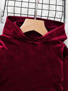 SHEIN 女童 2件組休閒優雅天鵝絨秋冬套頭衛衣 寬鬆落肩套頭運動衫 - 紅色 - 查看 5