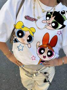 THE POWERPUFF GIRLS X SHEIN Tween Girl Blossom, Bubbles, Buttercup Pattern Short Sleeve Tee Powerpuff Tween Girl Anime Shirt Powerpuff Girls Shirt Cartoon Print Shirt Cartoon Graphic Tee - White - View 4