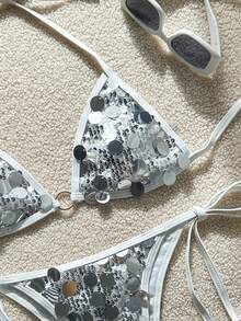 Swim Vcay 女款 2 件組 香檳金亮片掛脖三角比基尼套裝，雙繩泳褲，性感海灘度假泳衣 - 白色 - 查看 3
