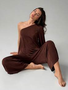 Livesso Women's Solid Color One-Shoulder Casual Daily Home Wear Jumpsuit Long Pants Pajamas - Coffee Brown - View 7