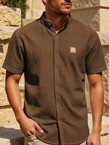 Manfinity Homme Men's Solid Color Single-Breasted Stand Collar Casual Versatile Short Sleeve Shirt, Ceremony - Coffee Brown - View 5