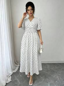 SHEIN LUNE 女款優雅復古交叉設計圓點短袖洋裝，適合度假穿著 - 白色 - 查看 3