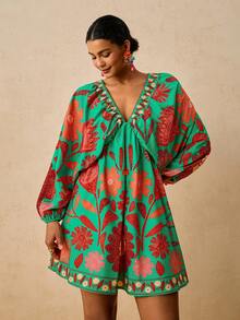 Travachic Vestido mini de manga larga con cuello en V y estampado para mujer talla grande, adecuado para vacaciones estilo bohemio, estampado floral pequeño verde y varias ocasiones incluyendo Año Nuevo, fiesta de Navidad, Acción de Gracias, fiesta elegante, boda, etc. - Verde - Ver 5