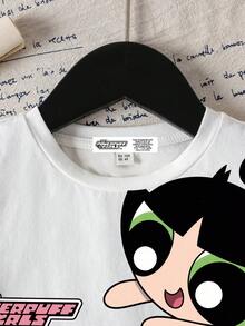 THE POWERPUFF GIRLS X SHEIN 年轻女孩花朵泡泡毛茛图案圆领短袖白色休闲可爱趣味图案T恤夏季 - 白色 - 查看 3