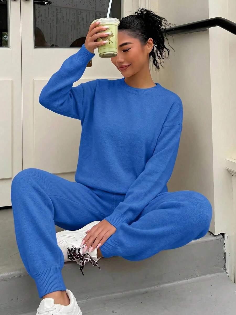WOMEN SOFT TOUCH SWEATER AND SWEATER PANT Two Pieces OUTFİT CO-ORDS COOL - Royal Blue - View 1