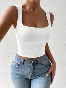 Allurite Solid Square Neck Crop White Tank Top - White - View 7