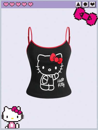 HELLO KITTY AND FRIENDS | ROMWE Plus Size Women's Colorblock Letter Cartoon Print Fitted Versatile Casual Outing Camisole T-Shirt
