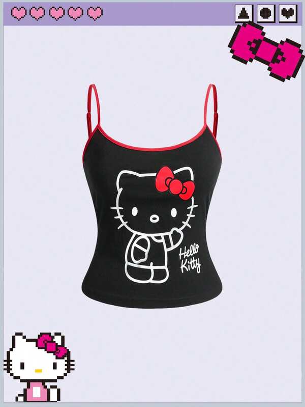 HELLO KITTY AND FRIENDS | ROMWE 大尺碼女款拼色字母卡通印花修身百搭休閒外出細肩帶T恤