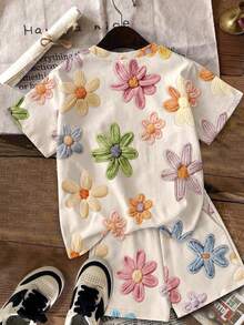 Tween Girl Casual Minimalist Cute Fun Textured Floral Print Short Sleeve T-Shirt And Shorts 2-Piece Set Suitable For Summer - Multicolor - View 4