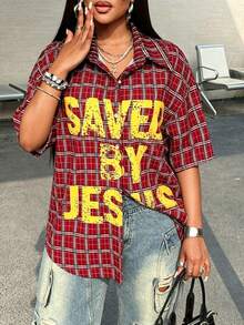 Maweii Plus Size Women's Summer Plaid Red Shirt Collar Short Sleeve Blouse Casual Vacation Back-To-School Date Night Sport - Multicolor - View 1