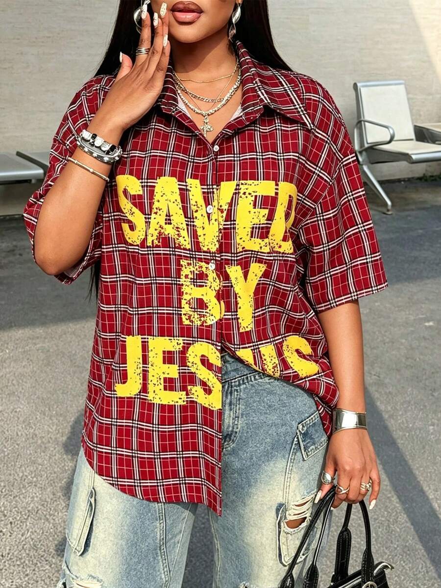 Maweii Plus Size Women's Summer Plaid Red Shirt Collar Short Sleeve Blouse Casual Vacation Back-To-School Date Night Sport - Multicolor - View 1