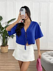 EMERY ROSE Women's Spring Red Long Sleeve Tie-Front Button-Down Shirt - Royal Blue - View 6