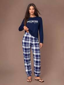 SHEIN Slogan & Plaid Printed Pajamas Set, Fall Winter Clothes Cozy And Elegant Details - Navy Blue - View 1