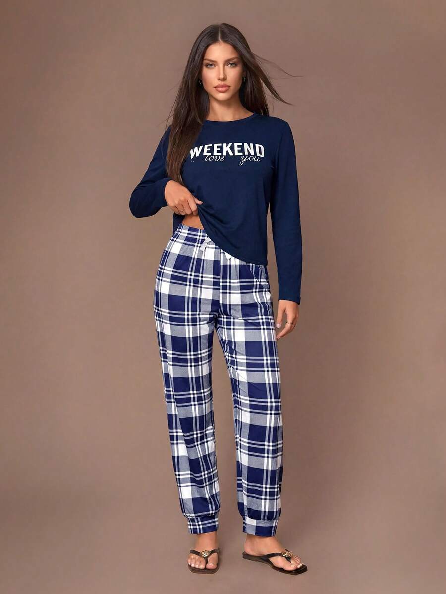 SHEIN Slogan & Plaid Printed Pajamas Set, Fall Winter Clothes Cozy And Elegant Details - Navy Blue - View 1