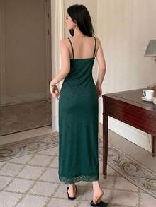 DAZY Vestido Longo Feminino de Verão com Alças Finas, Renda Patchwork, Ajuste Slim, Estampa de Poá e Laço, Camisola Pijama - Verde Escuro - Visão 2