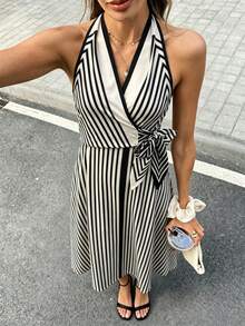 SHEIN Franclia Black & White Striped Halter Dress, Elegant Vacation Style Slimming A-Line Dress, Suitable For Commuting, Dating - Black - View 5