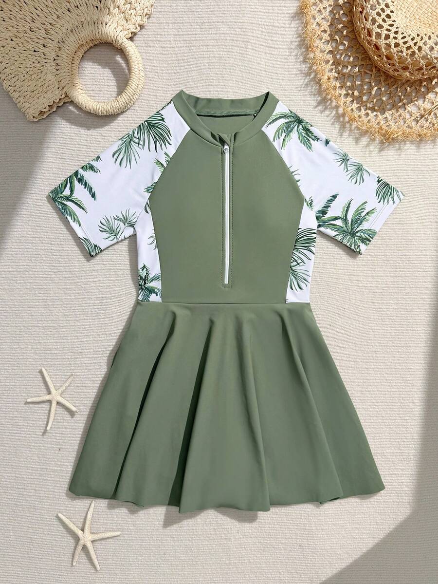 SHEIN 青少年女孩可愛休閒保守軍綠色熱帶椰子樹印花拼接拉鍊式連身泳衣
