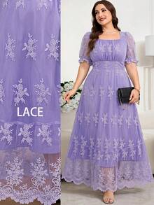 SHEIN Clasi Plus Size Summer Elegant Solid Color Lace Dress - Purple - View 4