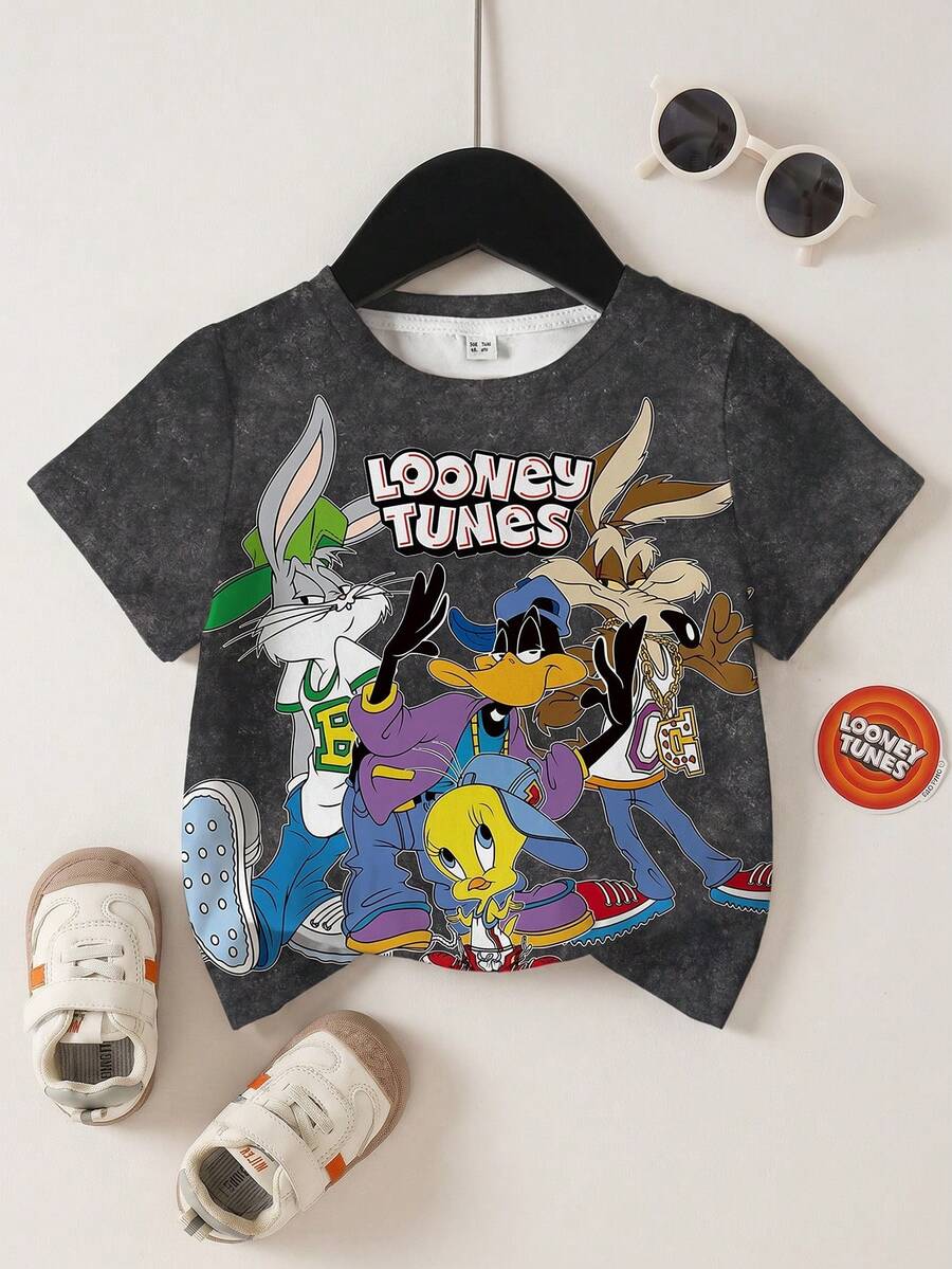 LOONEY TUNES X SHEIN 男嬰卡通圖案印花短袖圓領T恤 - 白色 - 查看 1