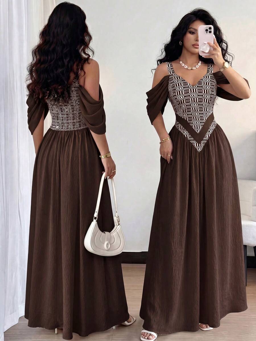Elenzga Elegant Romantic Exquisite Women's Spaghetti Strap Sexy Off-Shoulder Retro Print A-Line Vacation Dress - Multicolor - View 1