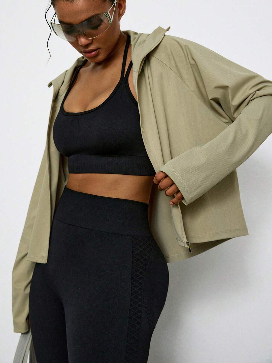 Levarali Plus Size Women's Hooded Sports Jacket, Sun Protection Outerwear, Zipper Jacket, Cropped Jacket, Sports, Fitness, Outdoor, Sunshade Fall - Light Grey - View 1