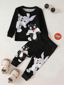 LOONEY TUNES X SHEIN 男婴可爱卡通动物印花长袖T恤和裤子修身睡衣套装 - 黑色 - 查看 1