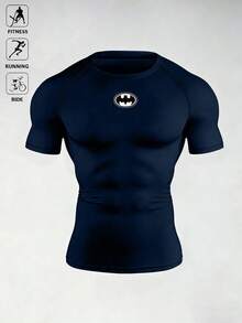BATMAN X SHEIN Gym Rark 男士圓領短袖修身運動T恤，健身房適用 - 藏蓝色 - 查看 1