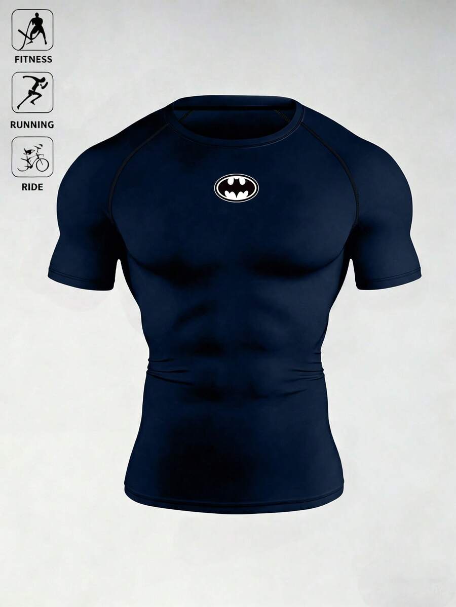 BATMAN X SHEIN Gym Rark 男士圓領短袖修身運動T恤,健身房適用 - 藏蓝色 - 查看 1