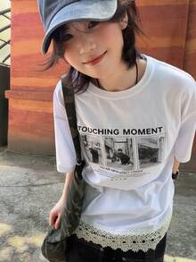 DAZY Women's Loose Casual Graphic Streetwear Round Neck Printed T-Shirt, Spring Summer White Back-To-School School - White - View 3