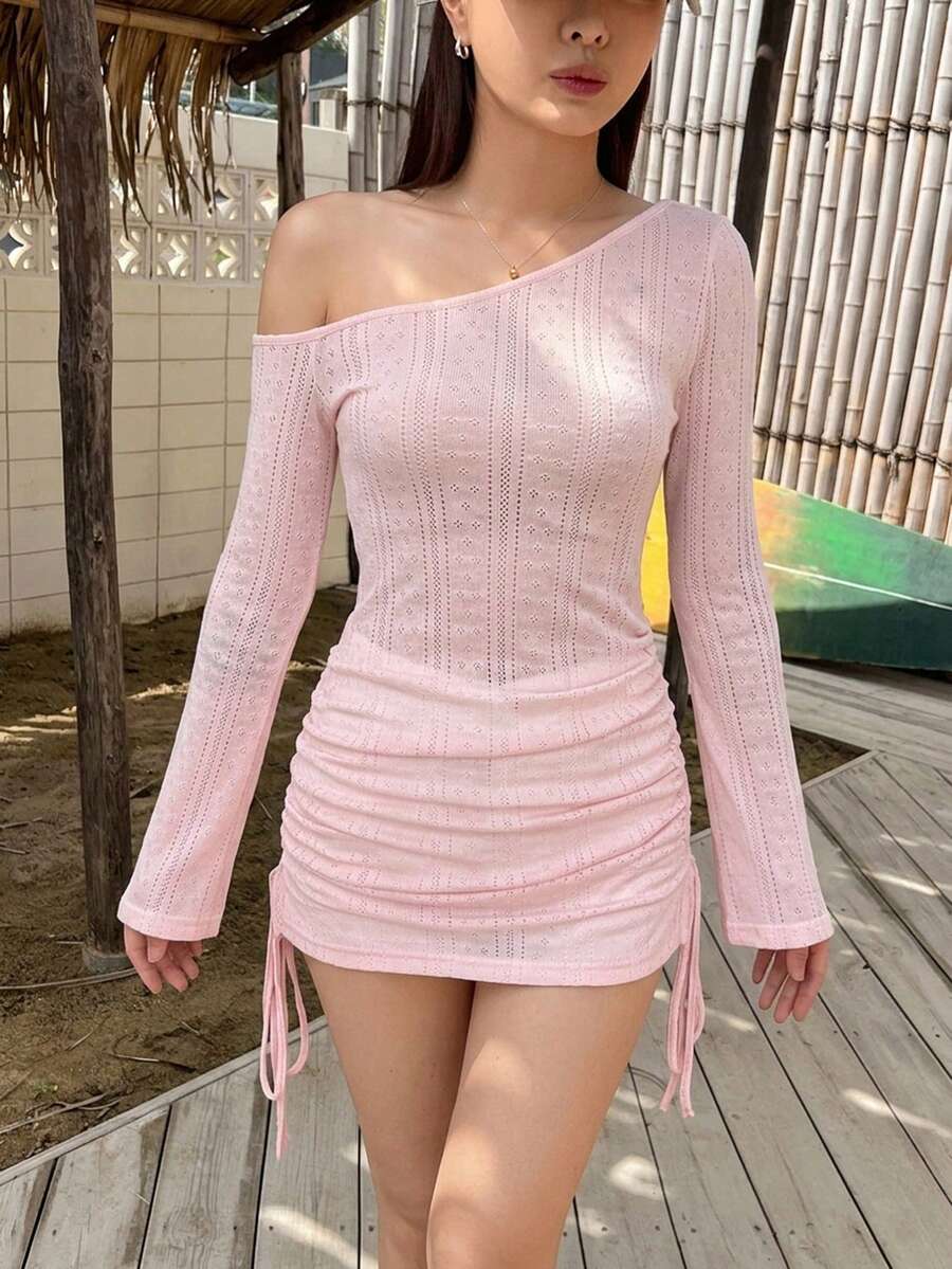 DAZY 女款夏季不對稱領抽繩抓皺沙灘罩衫 性感極簡半透長袖泳裝上衣 - 藕粉色 - 查看 1