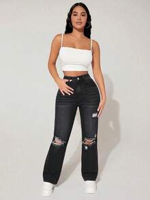 SHEIN PETITE Celana Jeans Denim Kasual Wanita Model Lurus dengan Pinggang Tinggi dan Saku, Model Potongan Lurus dengan Detail Sobek - Hitam - View 6