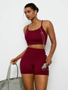 Levarali Plus Size Women's Solid Color Cami Tank Top And Shorts Sports Set Sports Bra And Athletic Shorts Set, Yoga Outfit For Daily Workouts And Running - Burgundy - View 7