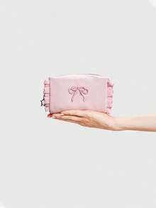 ROMWE Kawaii Cute Pink Embroidered Bow Makeup Bag, Lace-Trimmed Mini Storage Bag - Light powder 1 - View 5