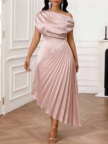 SHEIN Lady Elegant Pink Plus Size Midi Dress For Women With V Neck And Regular Short Sleeves Perfect For Formal Events - Pink - View 3