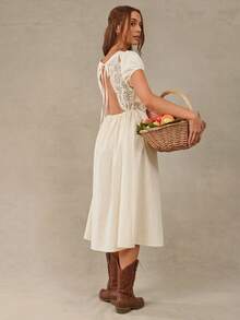 WESTFADE Women's Woven V-Neck Lace Patchwork Tie Front & Back Puff Short Sleeve Fitted Waist Long Dress - Apricot - View 6