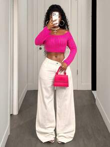 BamGleam Women's Hot Pink Knit Sweater Top, Hollow Out Crochet Off-Shoulder Asymmetric Long Sleeve Spring Autumn Winter Casual Sexy Street Style Cropped Top - Hot Pink - View 5