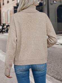 SHEIN Holidaya 女款優雅日常高領落肩長袖毛衣 - 卡其色 - 查看 2