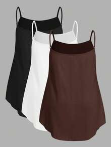 SHEIN EZwear 休閒極簡風黑白棕大尺碼細肩帶背心與背心上衣3件組，適合夏季 - 彩色 - 查看 2