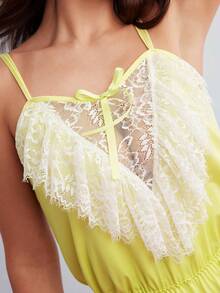 Elorette Women's Lace Bow Decor Pleated Casual Girly Daily Pajama Camisole Romper Home Light Green Summer - Yellow - View 6