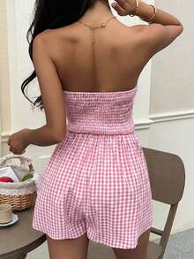 Sunnyshic 女款春夏度假風紋理收口無袖優雅時尚平口收腰抓皺顯瘦休閒連身褲 - 粉色 - 查看 2