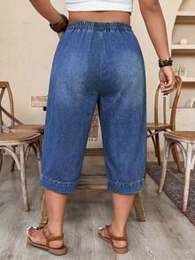 SHEIN CURVE+ Plus Size Women's Pocket Elastic Waist Casual Versatile Daily Travel Denim Jeans Date Night Mana Concert Navy Blue Summer - Dark Wash - View 2