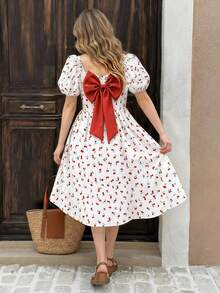 Girls' Spring/Summer Cherry Print Puff Short Sleeve Dress With Large Back Bow, Suitable For Outings And Beach Vacations - Red - View 1
