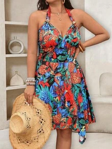 Breezaya Plus Size Women's Summer Beach Vacation Tropical Pineapple Print Backless Tie Front Dress - Multicolor - View 3