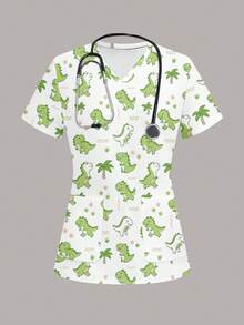 PopScrub Women's V-Neck Short Sleeve Dinosaur & Palm Tree Print Top - Multicolor - View 1