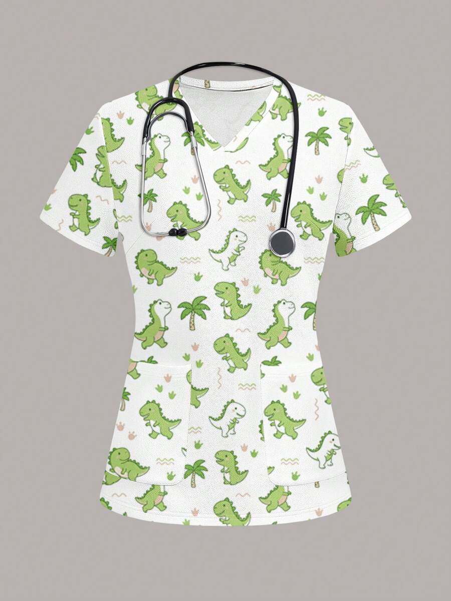 PopScrub Women's V-Neck Short Sleeve Dinosaur & Palm Tree Print Top - Multicolor - View 1