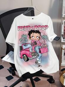 Betty Boop x SHEIN 大尺碼女款字母印花圓領短袖休閒T恤 - 白色 - 查看 3