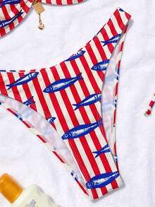 Swim Mod 2pcs/Set Women's Beachwear Fashion Cute Vacation Seaside Pool Party Blue And White Striped Print Metal Chain Strapless Bandeau Top Sexy Bikini - Multicolor - View 4