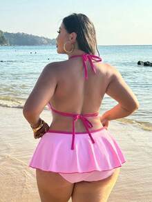 Swim SXY 大尺碼女款兩件式性感海灘裝夏季套裝：細肩帶波點印花上衣搭配對比色荷葉邊比基尼泳褲，比基尼套裝 - 粉色 - 查看 3