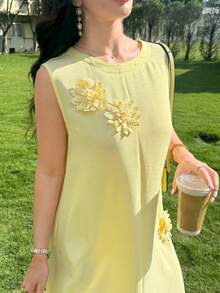 Al Najma Women's Elegant And Casual Sleeveless Three-Dimensional Floral Dress, Light Yellow, Spring And Summer - Yellow - View 7